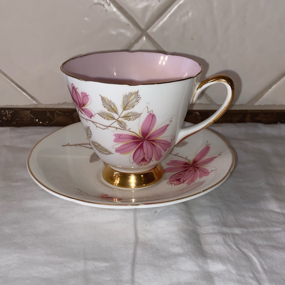 RARe Vintage Old Royal Bone China Footed Teacup Saucer  Pink Floral Gold accent